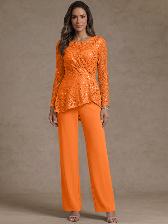 3 Pieces Suit Scoop Chiffon Mother of the Bride Pantsuits Lace Ankle-Length Long Sleeves