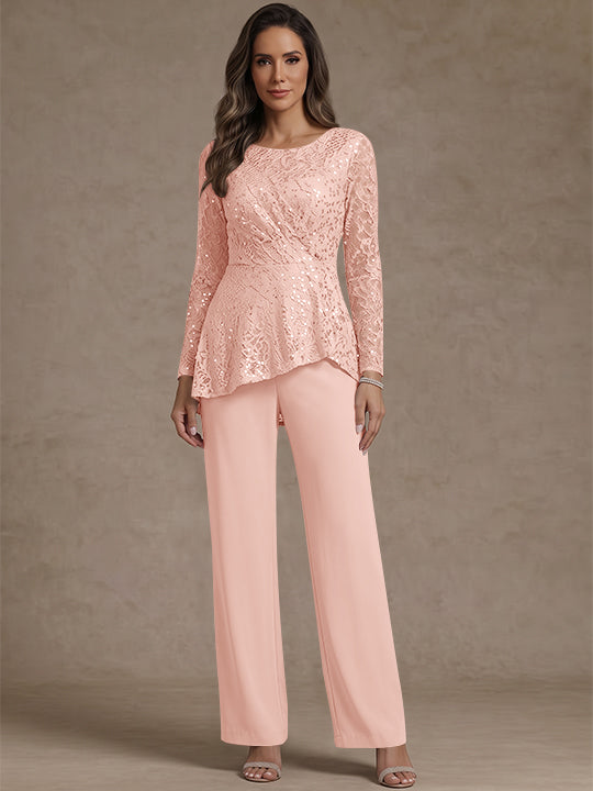3 Pieces Suit Scoop Chiffon Mother of the Bride Pantsuits Lace Ankle-Length Long Sleeves