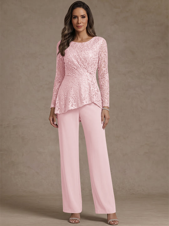 3 Pieces Suit Scoop Chiffon Mother of the Bride Pantsuits Lace Ankle-Length Long Sleeves