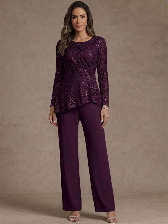 3 Pieces Suit Scoop Chiffon Mother of the Bride Pantsuits Lace Ankle-Length Long Sleeves