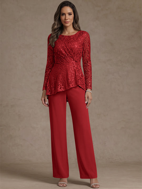 3 Pieces Suit Scoop Chiffon Mother of the Bride Pantsuits Lace Ankle-Length Long Sleeves