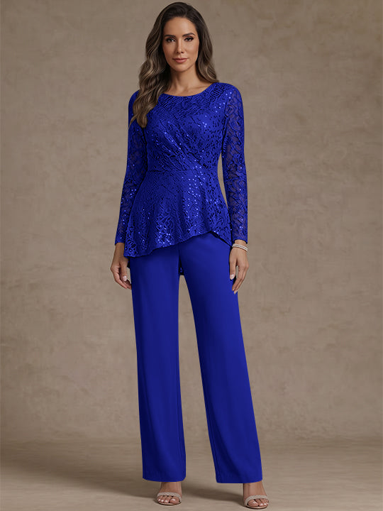 3 Pieces Suit Scoop Chiffon Mother of the Bride Pantsuits Lace Ankle-Length Long Sleeves