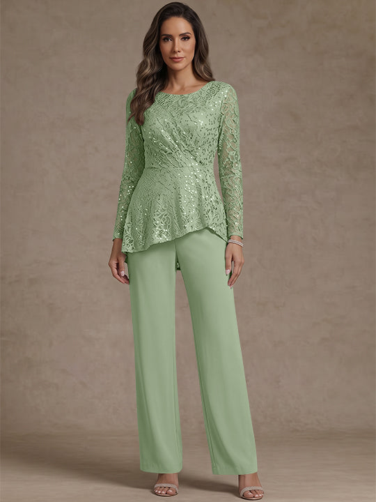 3 Pieces Suit Scoop Chiffon Mother of the Bride Pantsuits Lace Ankle-Length Long Sleeves