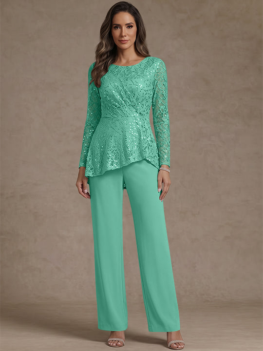 3 Pieces Suit Scoop Chiffon Mother of the Bride Pantsuits Lace Ankle-Length Long Sleeves