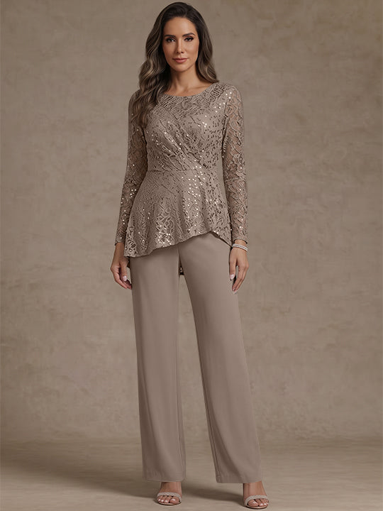 3 Pieces Suit Scoop Chiffon Mother of the Bride Pantsuits Lace Ankle-Length Long Sleeves