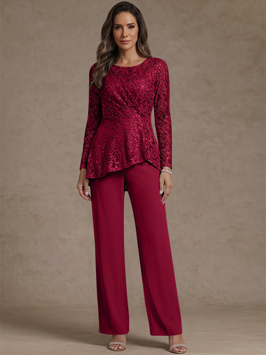 3 Pieces Suit Scoop Chiffon Mother of the Bride Pantsuits Lace Ankle-Length Long Sleeves