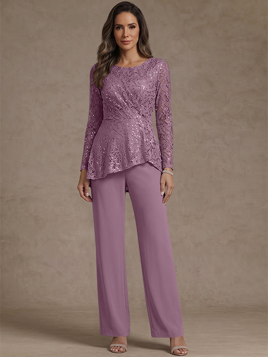 3 Pieces Suit Scoop Chiffon Mother of the Bride Pantsuits Lace Ankle-Length Long Sleeves