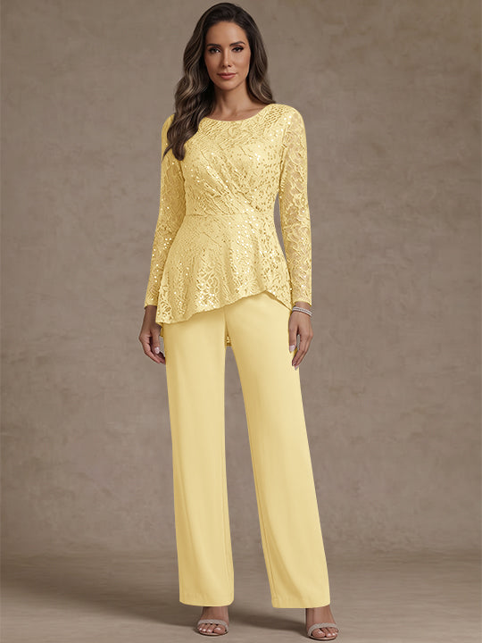 3 Pieces Suit Scoop Chiffon Mother of the Bride Pantsuits Lace Ankle-Length Long Sleeves