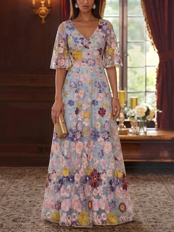 A-Line/Princess V-Neck Mother of the Bride Dresses Lace Floral Half Sleeves Floor-Length