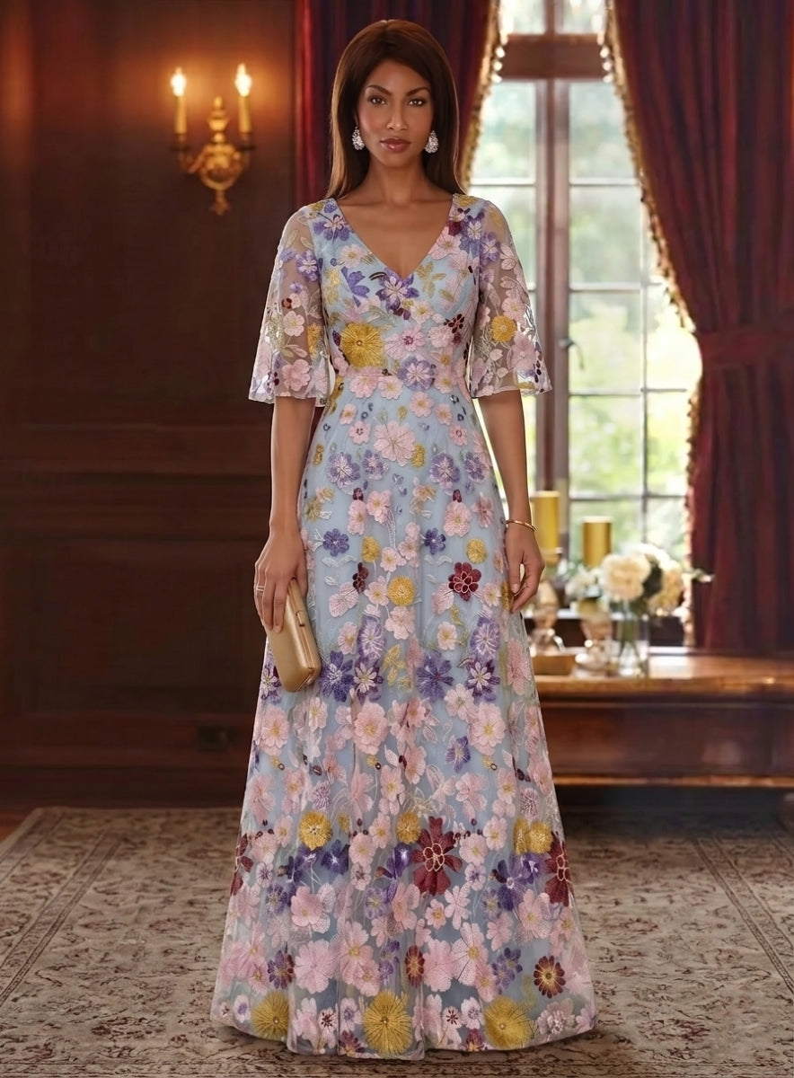 A-Line/Princess V-Neck Mother of the Bride Dresses Lace Floral Half Sleeves Floor-Length