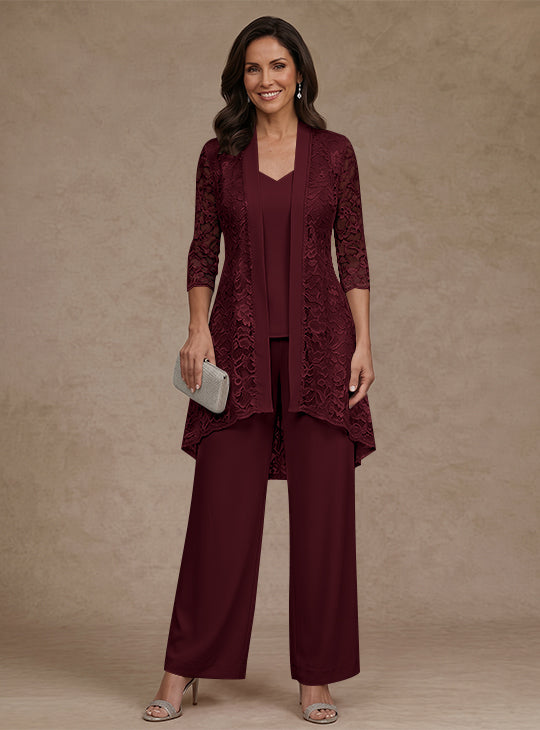 3 Pieces Suit V-Neck Chiffon Mother of the Bride Pantsuits with Jacket Lace Ankle-Length 3/4 Sleeves