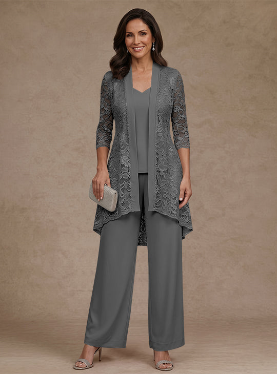 3 Pieces Suit V-Neck Chiffon Mother of the Bride Pantsuits with Jacket Lace Ankle-Length 3/4 Sleeves