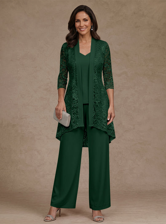 3 Pieces Suit V-Neck Chiffon Mother of the Bride Pantsuits with Jacket Lace Ankle-Length 3/4 Sleeves