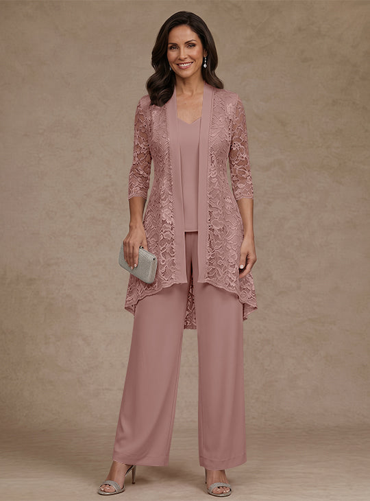 3 Pieces Suit V-Neck Chiffon Mother of the Bride Pantsuits with Jacket Lace Ankle-Length 3/4 Sleeves