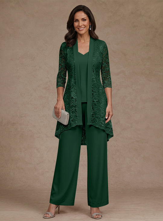 3 Pieces Suit V-Neck Chiffon Mother of the Bride Pantsuits with Jacket Lace Ankle-Length 3/4 Sleeves