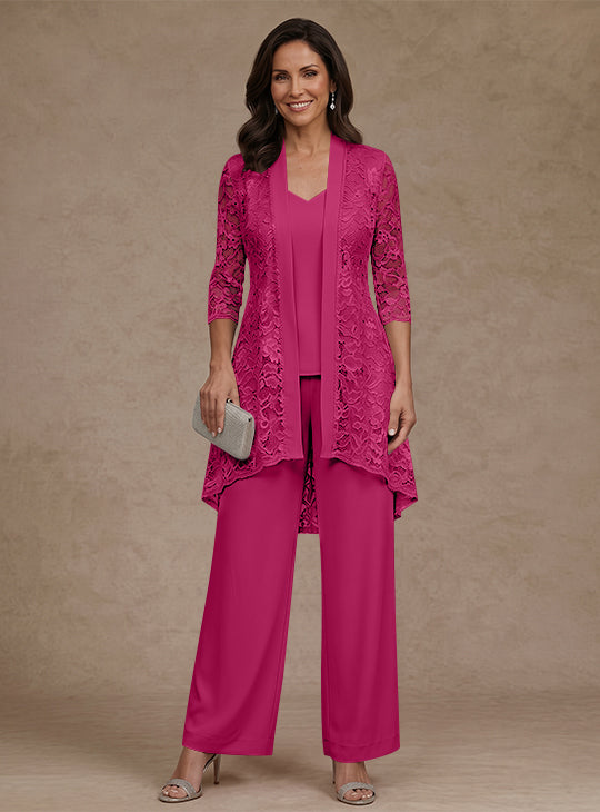 3 Pieces Suit V-Neck Chiffon Mother of the Bride Pantsuits with Jacket Lace Ankle-Length 3/4 Sleeves