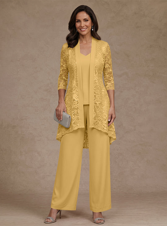 3 Pieces Suit V-Neck Chiffon Mother of the Bride Pantsuits with Jacket Lace Ankle-Length 3/4 Sleeves