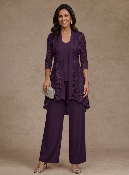 3 Pieces Suit V-Neck Chiffon Mother of the Bride Pantsuits with Jacket Lace Ankle-Length 3/4 Sleeves