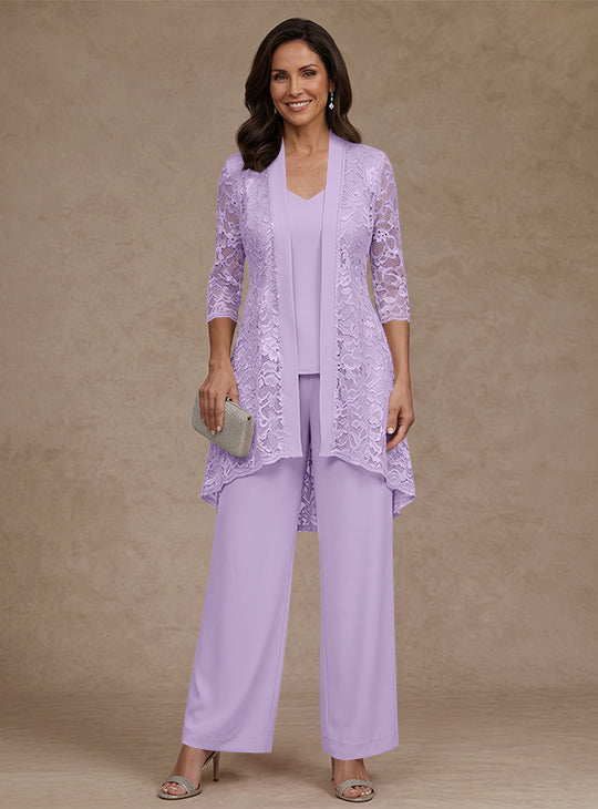3 Pieces Suit V-Neck Chiffon Mother of the Bride Pantsuits with Jacket Lace Ankle-Length 3/4 Sleeves