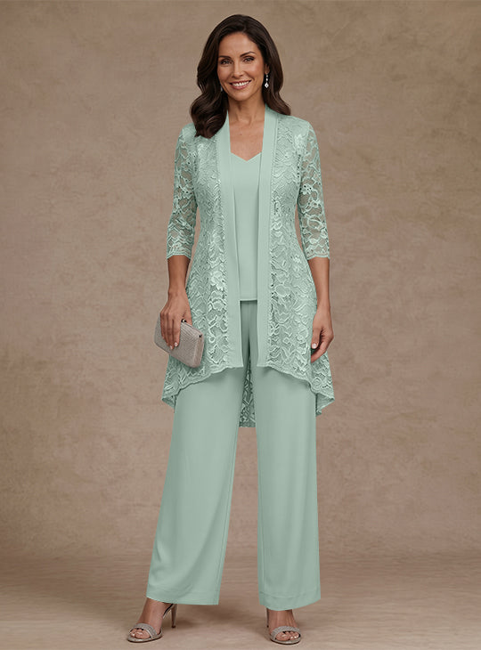 3 Pieces Suit V-Neck Chiffon Mother of the Bride Pantsuits with Jacket Lace Ankle-Length 3/4 Sleeves