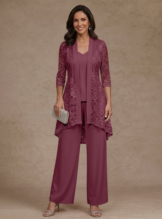 3 Pieces Suit V-Neck Chiffon Mother of the Bride Pantsuits with Jacket Lace Ankle-Length 3/4 Sleeves