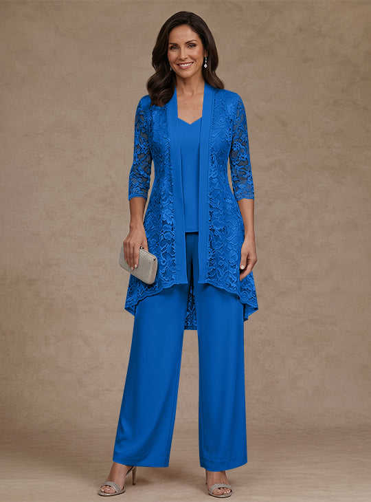 3 Pieces Suit V-Neck Chiffon Mother of the Bride Pantsuits with Jacket Lace Ankle-Length 3/4 Sleeves