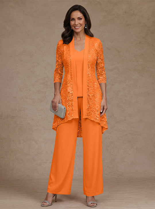 3 Pieces Suit V-Neck Chiffon Mother of the Bride Pantsuits with Jacket Lace Ankle-Length 3/4 Sleeves
