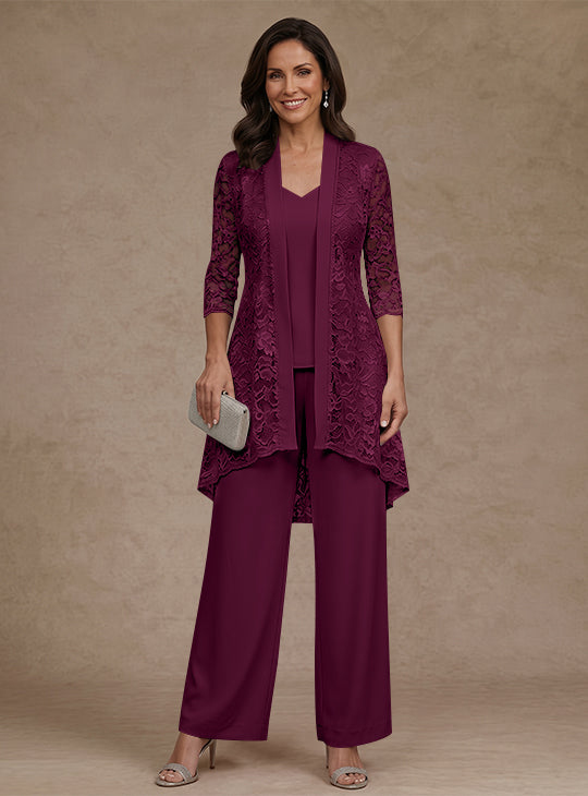 3 Pieces Suit V-Neck Chiffon Mother of the Bride Pantsuits with Jacket Lace Ankle-Length 3/4 Sleeves