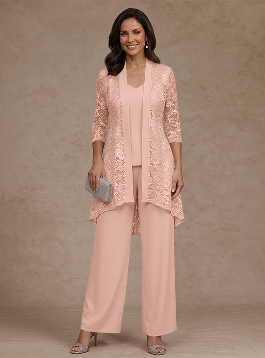 3 Pieces Suit V-Neck Chiffon Mother of the Bride Pantsuits with Jacket Lace Ankle-Length 3/4 Sleeves