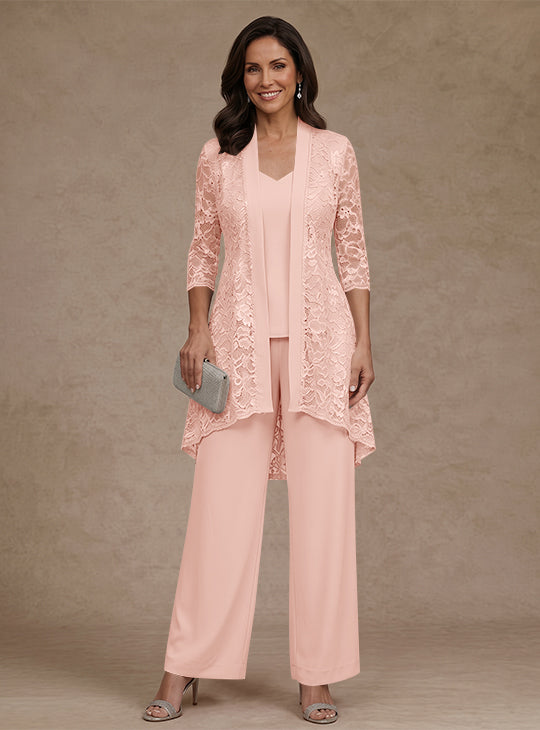 3 Pieces Suit V-Neck Chiffon Mother of the Bride Pantsuits with Jacket Lace Ankle-Length 3/4 Sleeves