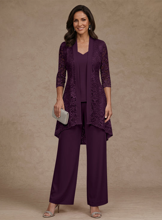 3 Pieces Suit V-Neck Chiffon Mother of the Bride Pantsuits with Jacket Lace Ankle-Length 3/4 Sleeves
