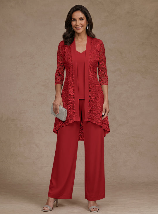 3 Pieces Suit V-Neck Chiffon Mother of the Bride Pantsuits with Jacket Lace Ankle-Length 3/4 Sleeves