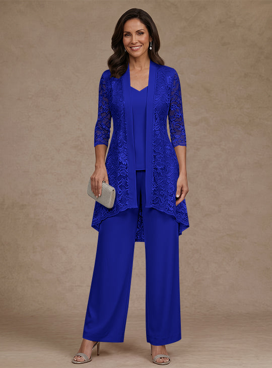 3 Pieces Suit V-Neck Chiffon Mother of the Bride Pantsuits with Jacket Lace Ankle-Length 3/4 Sleeves