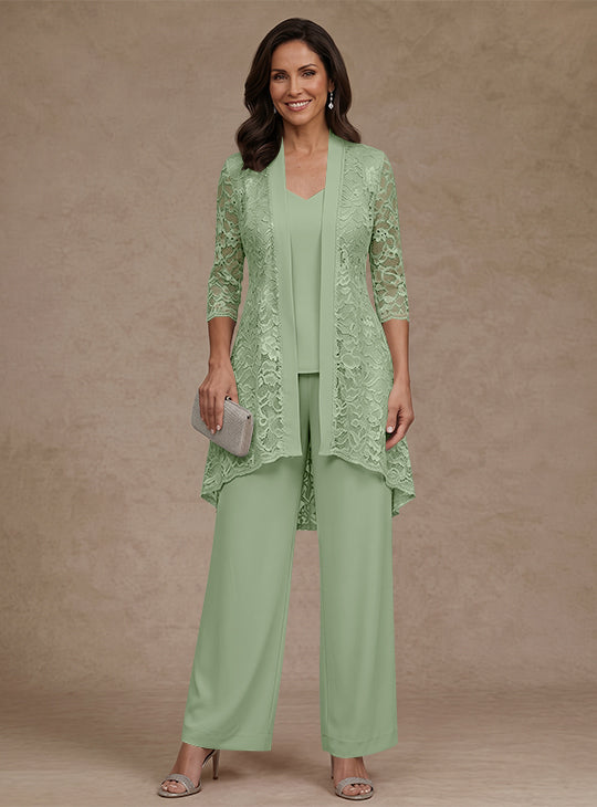 3 Pieces Suit V-Neck Chiffon Mother of the Bride Pantsuits with Jacket Lace Ankle-Length 3/4 Sleeves