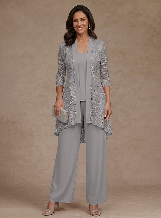 3 Pieces Suit V-Neck Chiffon Mother of the Bride Pantsuits with Jacket Lace Ankle-Length 3/4 Sleeves