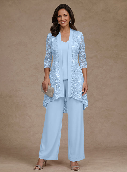 3 Pieces Suit V-Neck Chiffon Mother of the Bride Pantsuits with Jacket Lace Ankle-Length 3/4 Sleeves