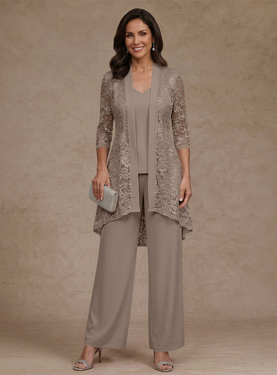 3 Pieces Suit V-Neck Chiffon Mother of the Bride Pantsuits with Jacket Lace Ankle-Length 3/4 Sleeves