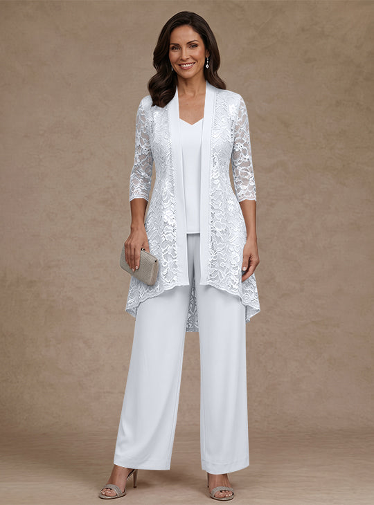 3 Pieces Suit V-Neck Chiffon Mother of the Bride Pantsuits with Jacket Lace Ankle-Length 3/4 Sleeves