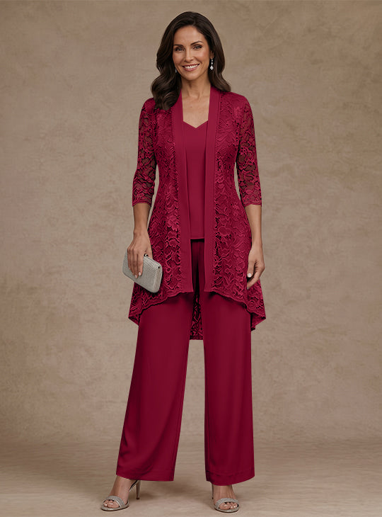 3 Pieces Suit V-Neck Chiffon Mother of the Bride Pantsuits with Jacket Lace Ankle-Length 3/4 Sleeves