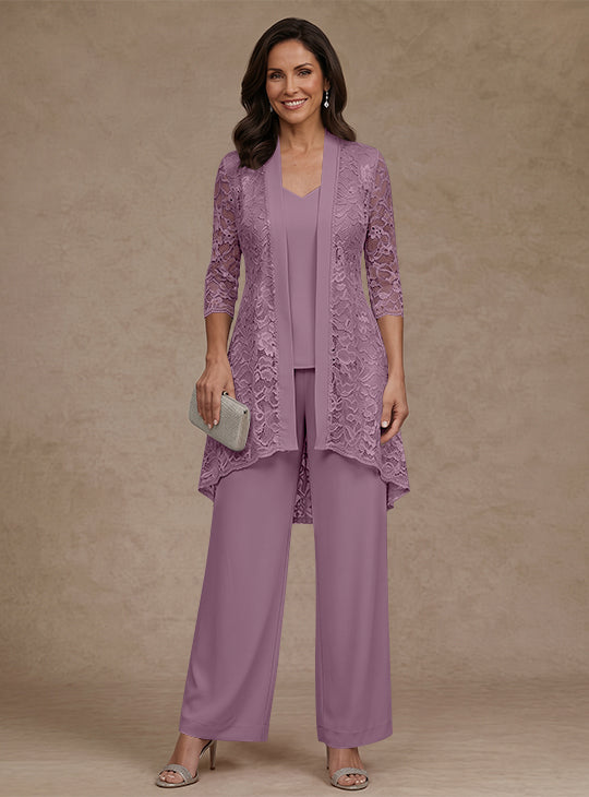 3 Pieces Suit V-Neck Chiffon Mother of the Bride Pantsuits with Jacket Lace Ankle-Length 3/4 Sleeves