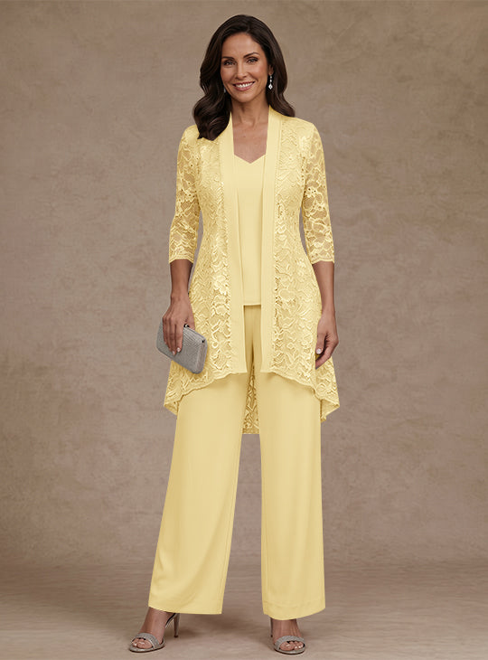 3 Pieces Suit V-Neck Chiffon Mother of the Bride Pantsuits with Jacket Lace Ankle-Length 3/4 Sleeves