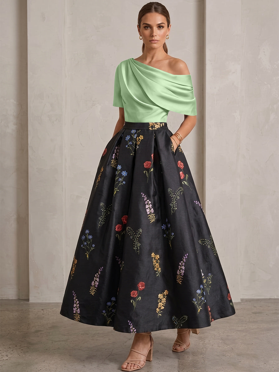 A-Line/Princess One-Shoulder Mother of the Bride Dresses Satin Floral Short Sleeves Ankle Length