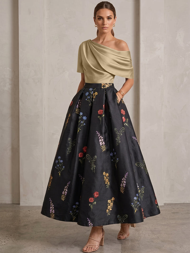 A-Line/Princess One-Shoulder Mother of the Bride Dresses Satin Floral Short Sleeves Ankle Length