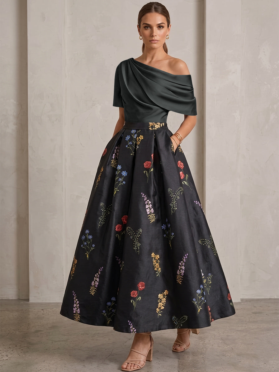 A-Line/Princess One-Shoulder Mother of the Bride Dresses Satin Floral Short Sleeves Ankle Length