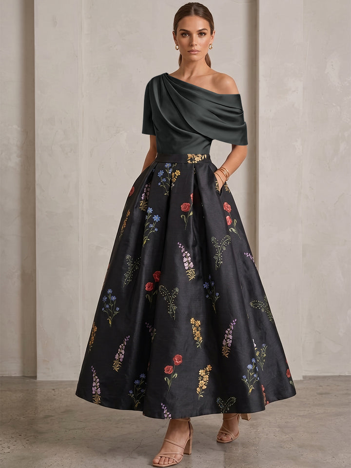 A-Line/Princess One-Shoulder Mother of the Bride Dresses Satin Floral Short Sleeves Ankle Length