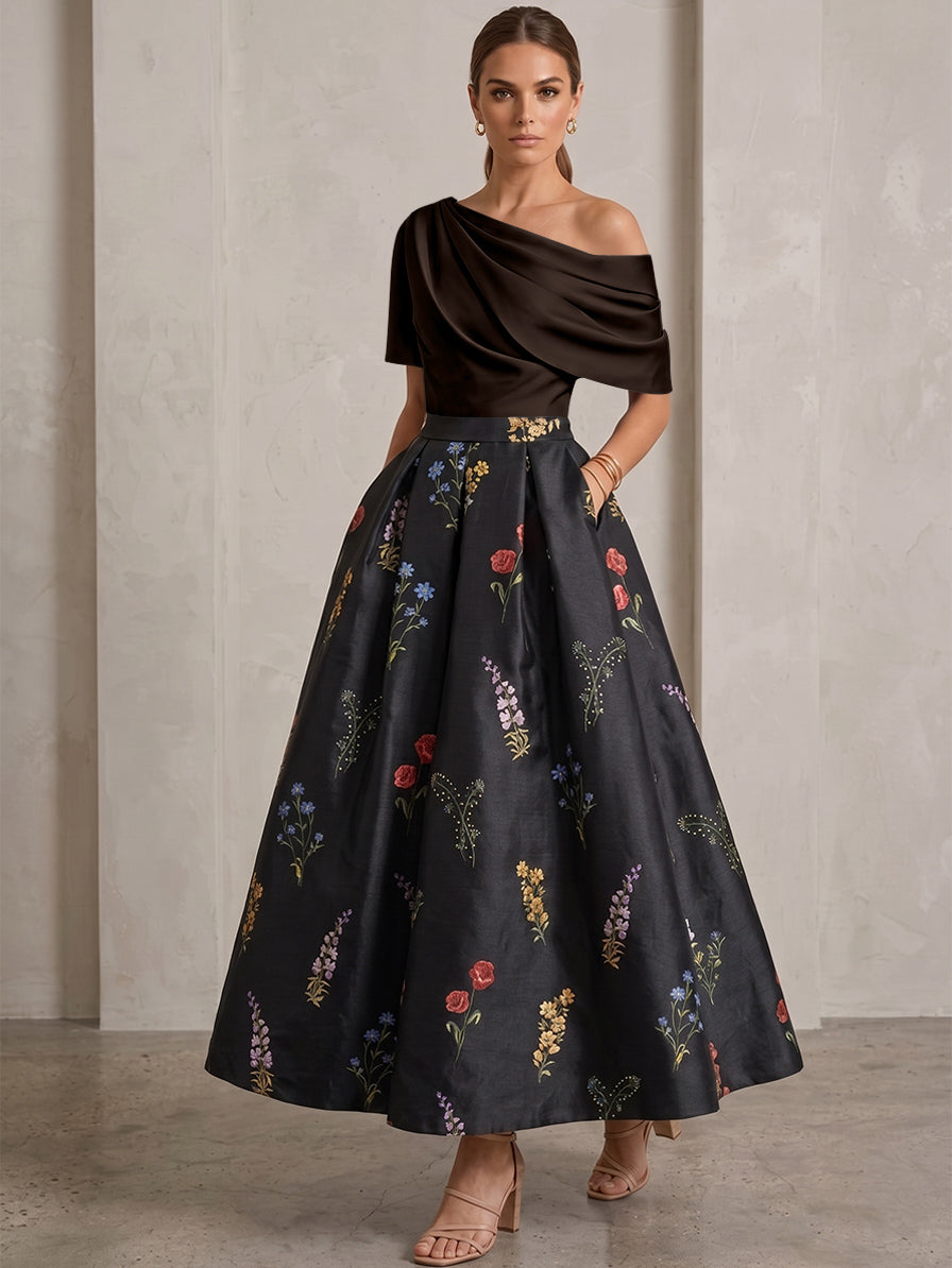A-Line/Princess One-Shoulder Mother of the Bride Dresses Satin Floral Short Sleeves Ankle Length