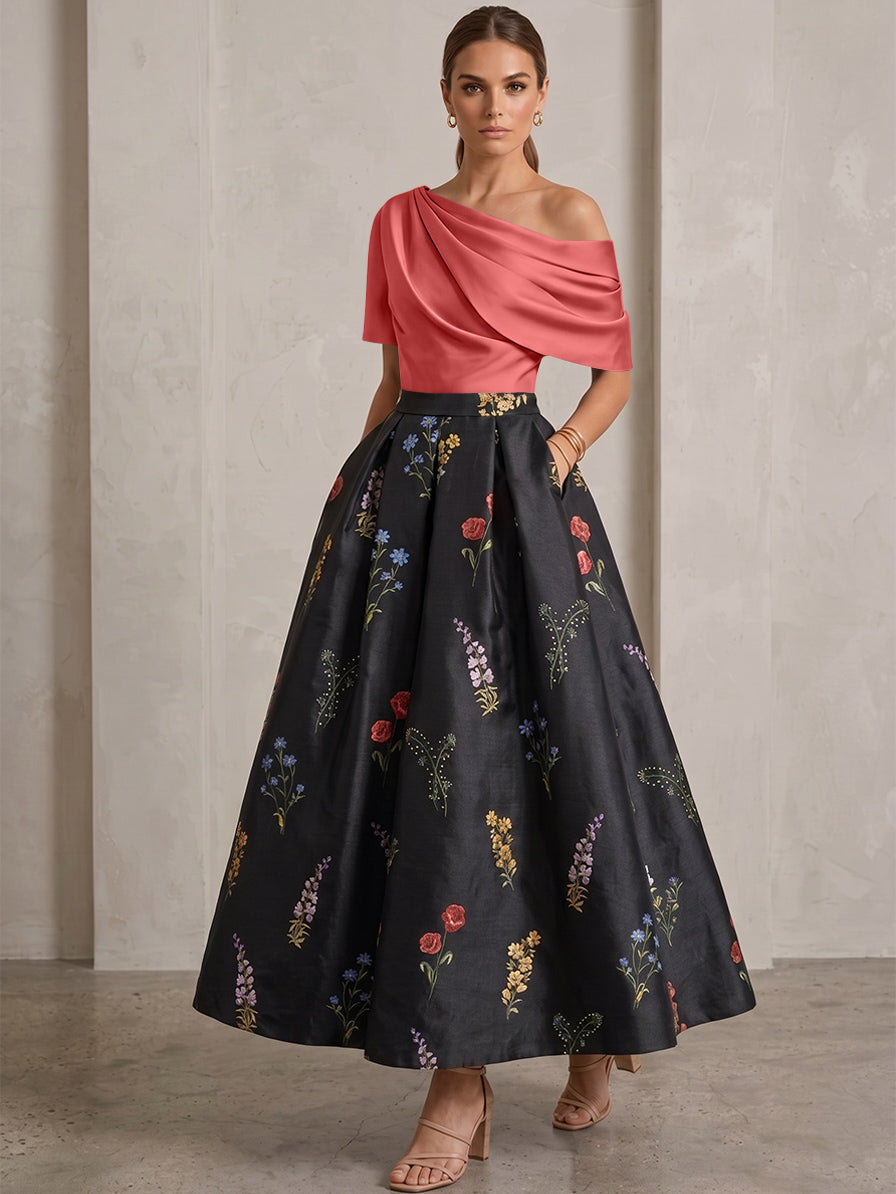 A-Line/Princess One-Shoulder Mother of the Bride Dresses Satin Floral Short Sleeves Ankle Length