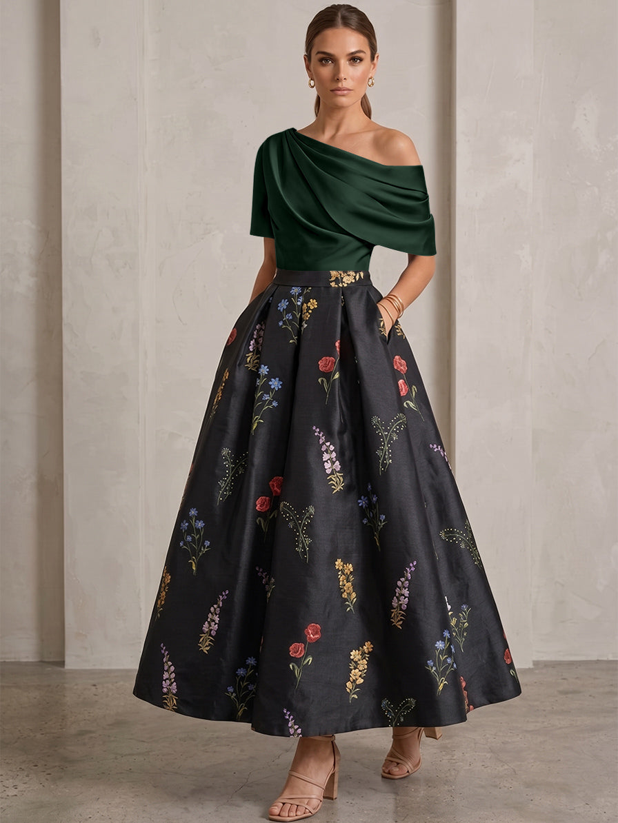 A-Line/Princess One-Shoulder Mother of the Bride Dresses Satin Floral Short Sleeves Ankle Length