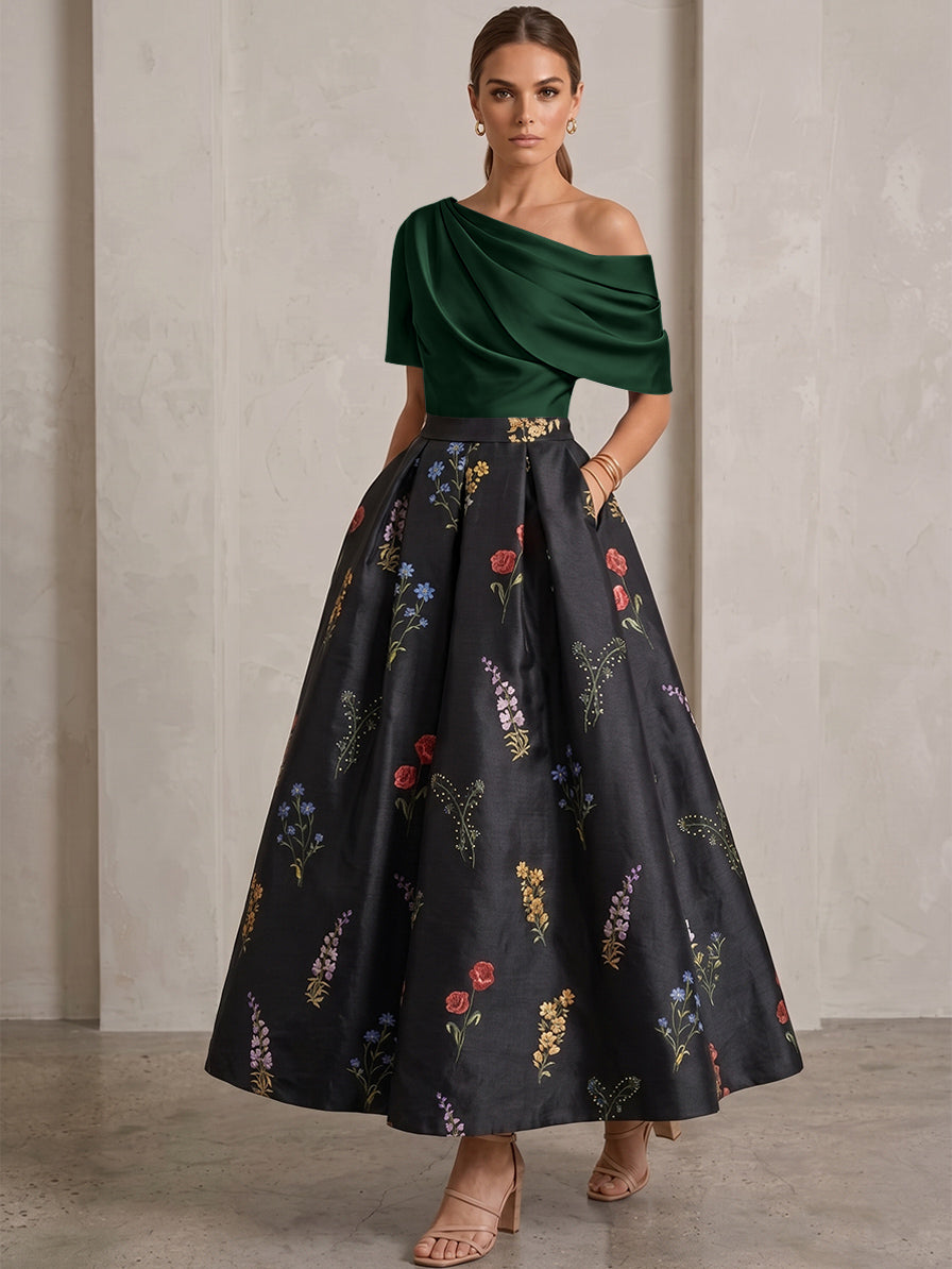A-Line/Princess One-Shoulder Mother of the Bride Dresses Satin Floral Short Sleeves Ankle Length