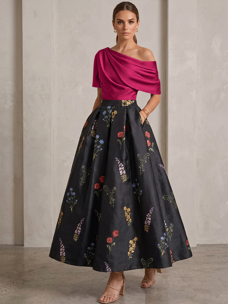A-Line/Princess One-Shoulder Mother of the Bride Dresses Satin Floral Short Sleeves Ankle Length